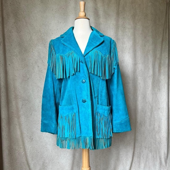 Vintage Late 70s Turquoise Blue Fringe Genuine Suede Leather Statement Jacket - Picture 1 of 7